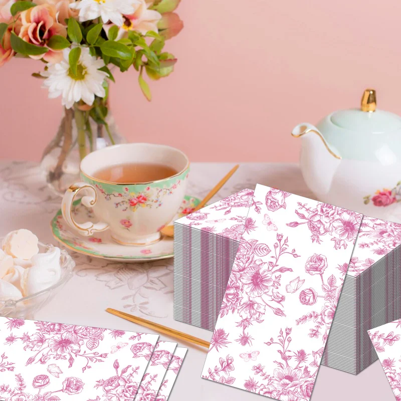 20pcs Floral Guest Napkins Pink Flower Disposable Paper Dinner Napkin Bathroom Hand Towels for Wedding Birthday Party Decoration