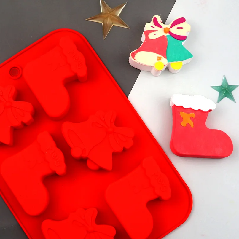 6 Even Christmas Socks Bell Silicone Cake Mold, Aromatherapy Mould LD135