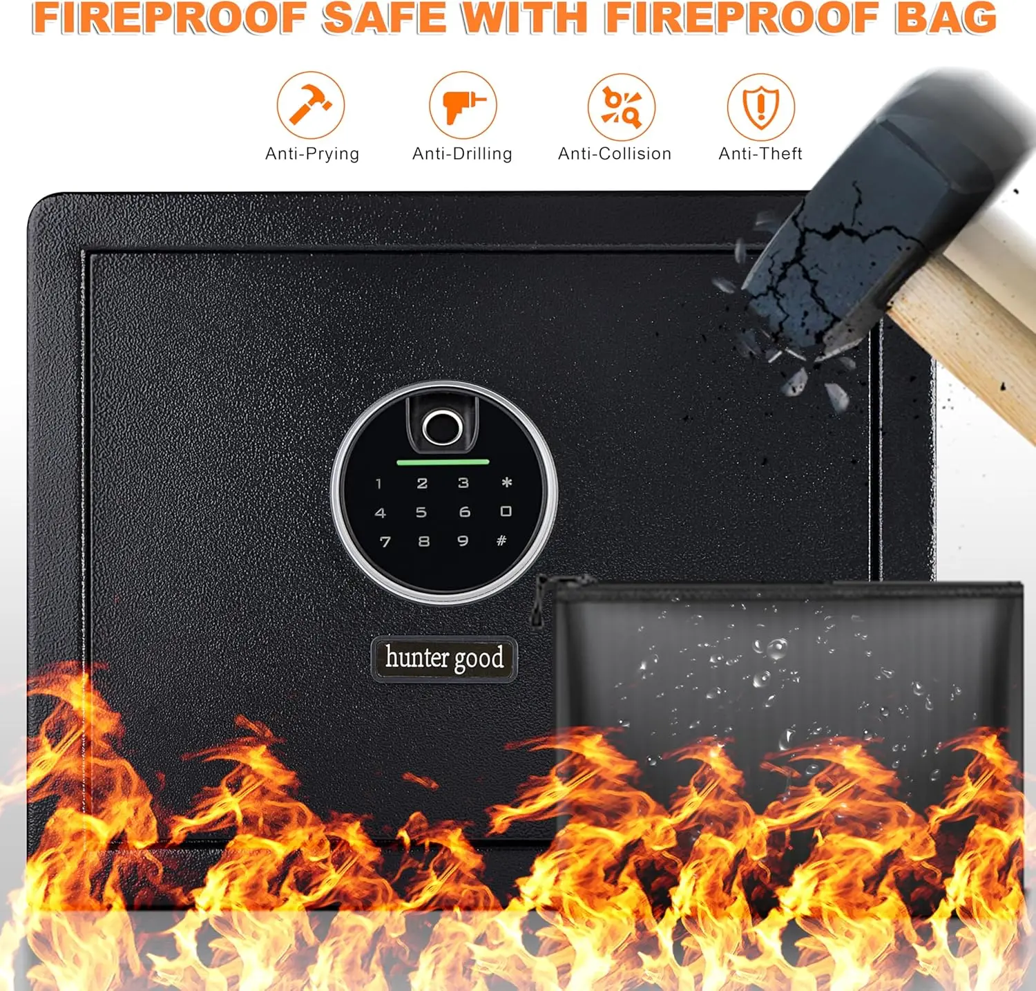 1.2 Cubic Feet Fingerprint Fireproof Home Safe With Fireproof Document Bag, Digital Security Safe With Removable Shelf Secure Ca