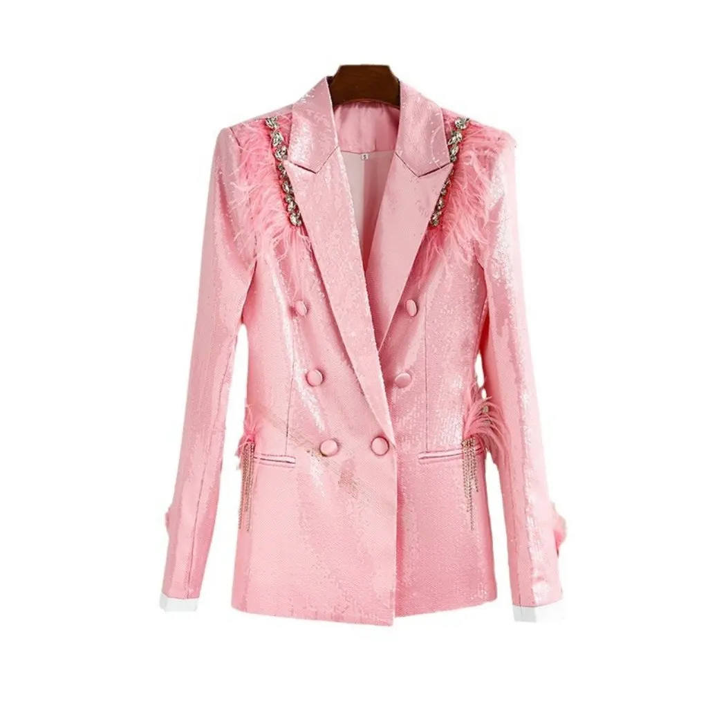 

Women's Pink Sequined Suit Coat European American Style Performance Dress for Club Nightbar Party Stage Clothing