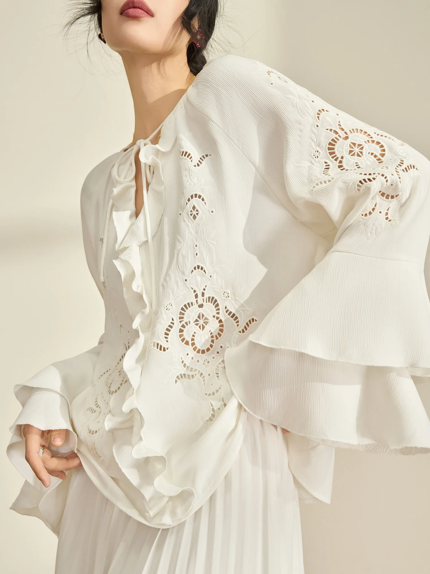 

Elegant White Embroidered Hollow out Women's Shirt Flowing Era Design Spring Collection Breathable Polyester Long Sleeve Flor...