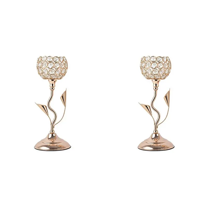 

ABJI-2X Gold Crystal Candle Holder, Iron Flower Shaped Candlestick Small Vintage Candlestick Set For Table Centerpiece,S