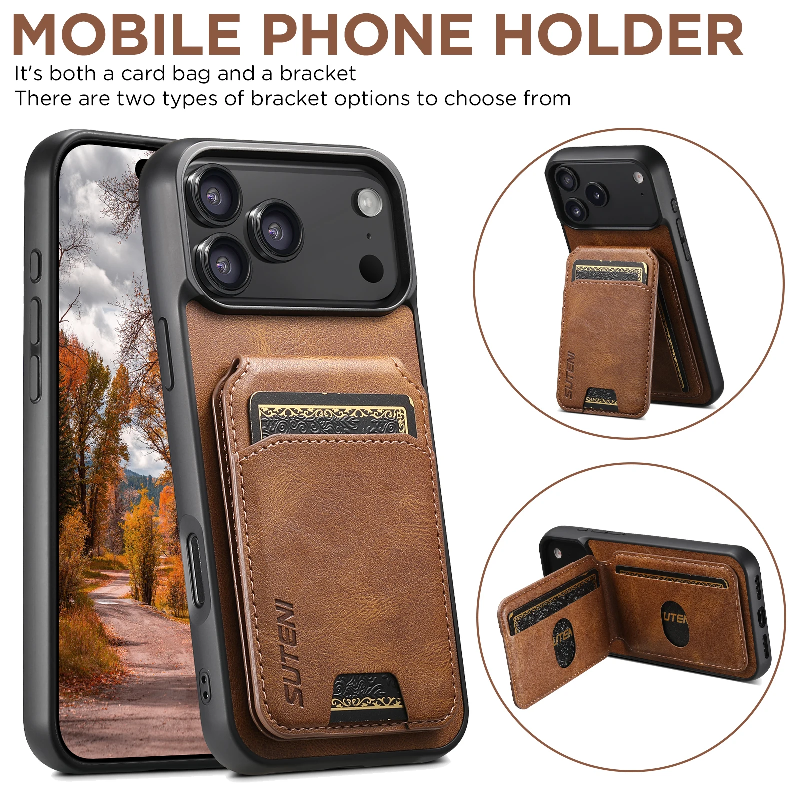 SUTENI Luxus Kunstleder Handyhülle mit glatter Oberfläche, Kartenhalter und Ständer für iPhone 17 Pro Max 17 Air 16 Plus 15 14 13 12 – Detail 15