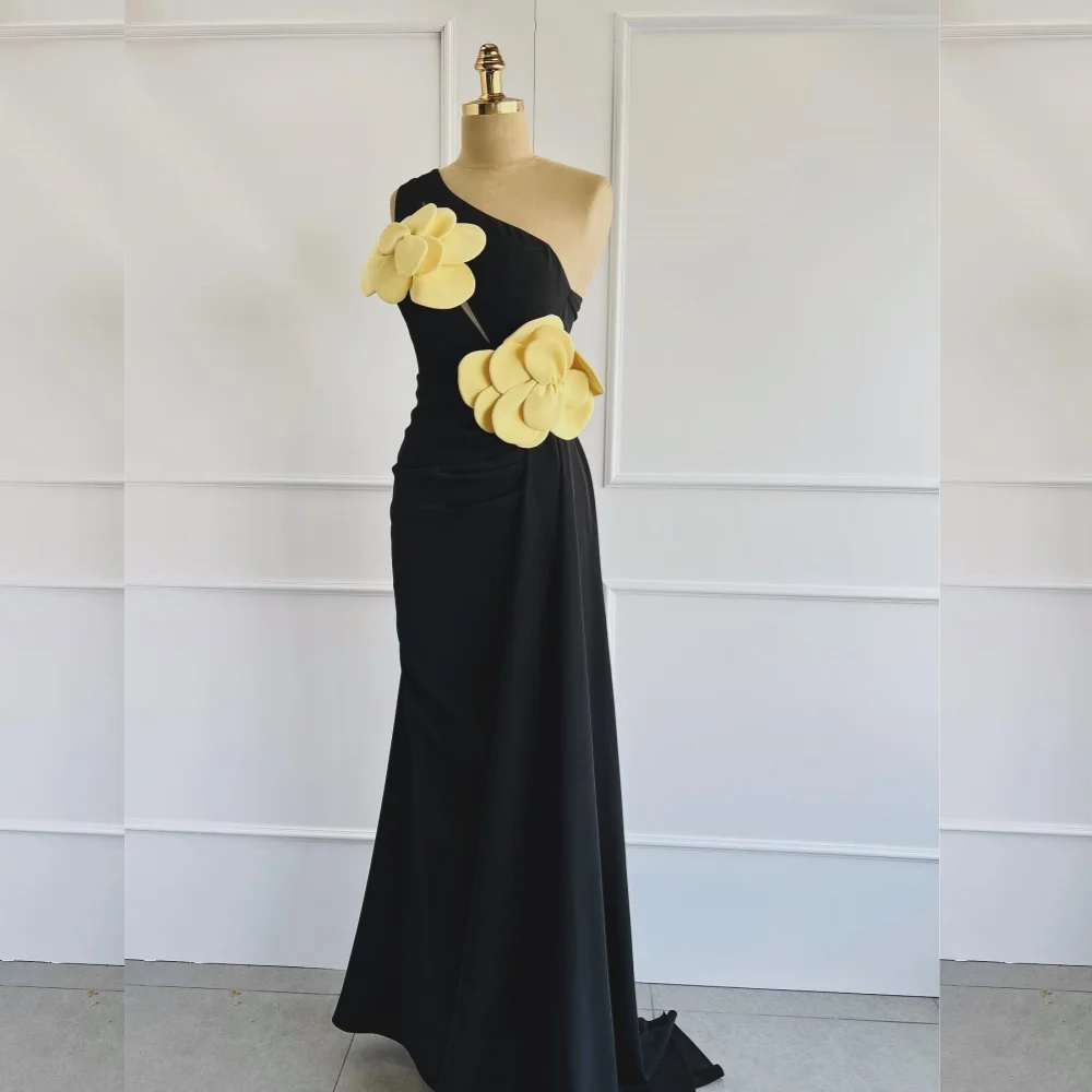 

Customized Fashion Sizes Available Jersey Handmade Flower Pleat A-line One-shoulder Long Dresses Prom Dresses High Quality Match