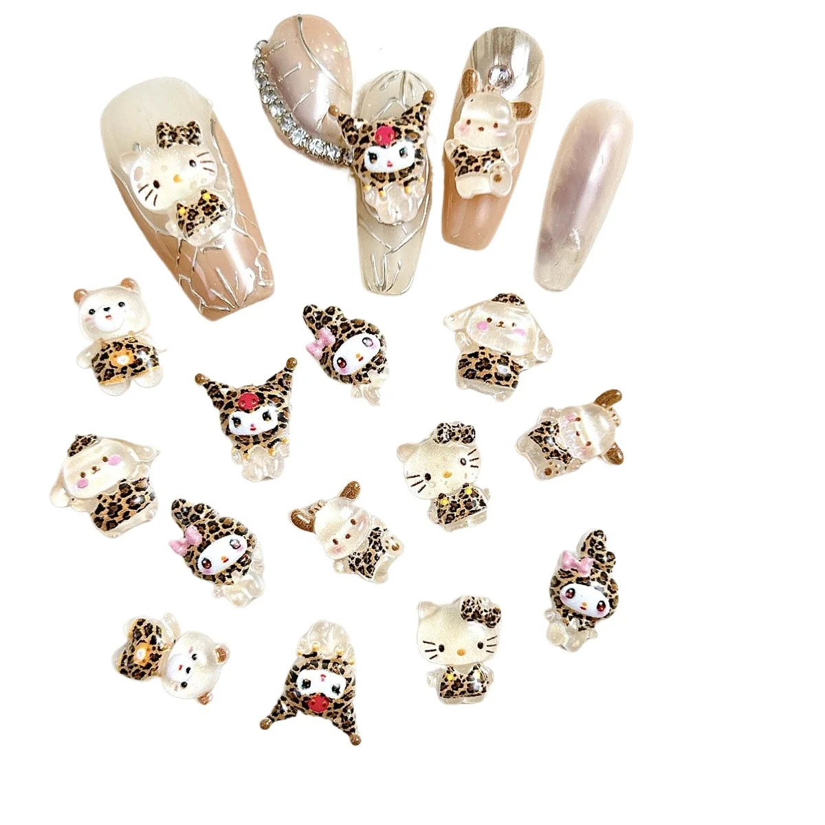 

30 шт. миниатюрных фигурок из смолы с мультяшными персонажами Sanrio: кошка Китти, кролик, щенок, с леопардовым принтом, стразы для ногтей, аксессуары для декора скрапбукинга и DIY