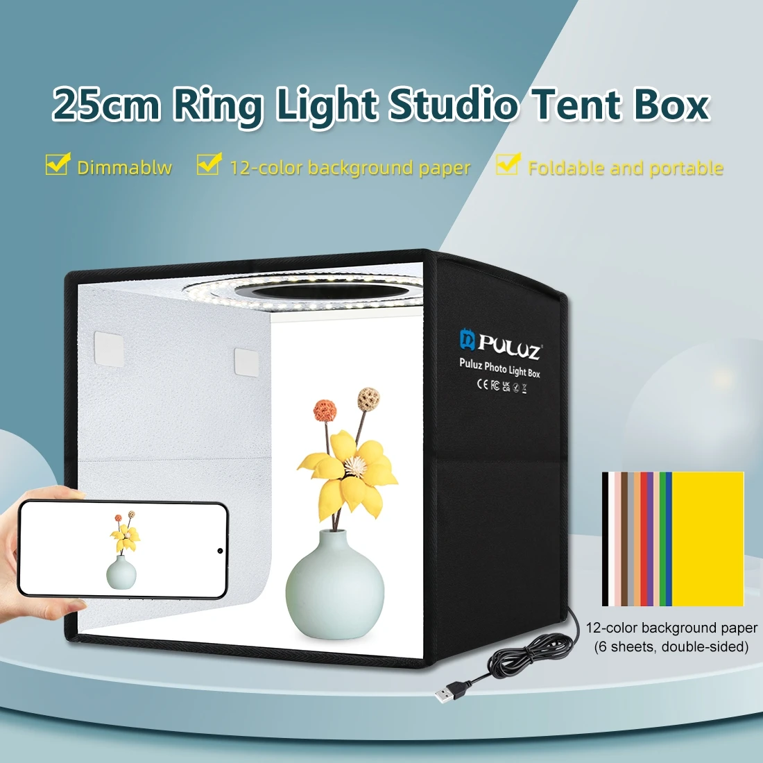 

25cm Folding Portable High 97 CRI Ring Light Photo Lighting Studio Shooting Tent Box with 12 Colors Backdrops Desktop Studio Box