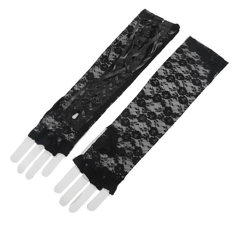 Lolita Jk sarung tangan tanpa jari renda wanita, sarung tangan Punk jaring elastis aksesori pakaian Lengan tabir surya Strapping DIY Gotik warna hitam