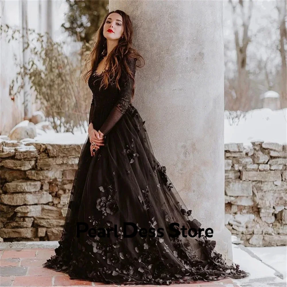 Pearl Gala Dresses Woman 2024 for Party Dress Lace Embroidered Long Sleeve A Line Sexy Black 3D Flowers Women Evening Dress Gown