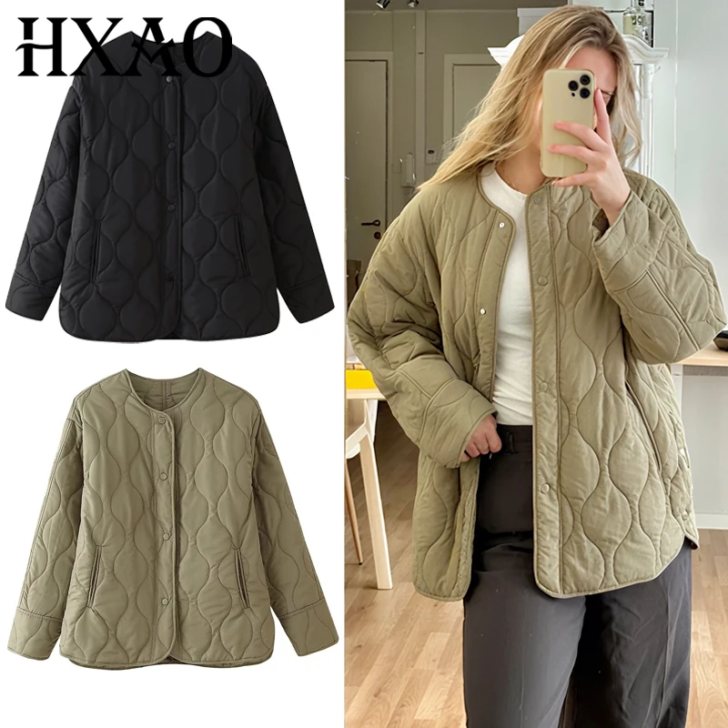 

HXAO Demi-Season Quilted Jacket Woman 2025 Green Black Parkas Large Size Long Sleeve Padded Jackets Insulated High Quality Coat
