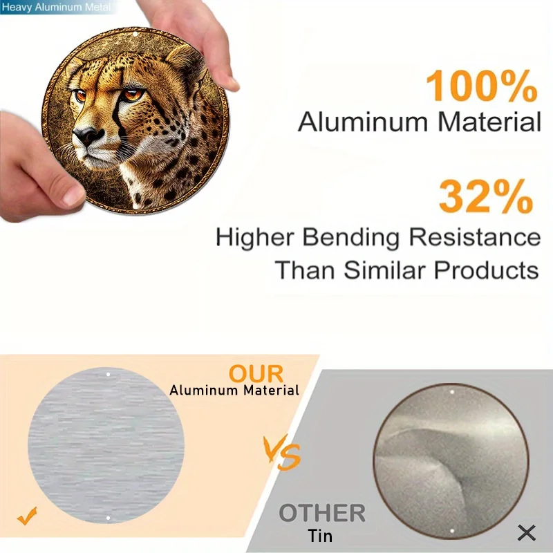 2D Flat African Leopard Aluminum Wall Plaque Round Pre-Drilled Waterproof Vintage Decor Realistic Leopard Print