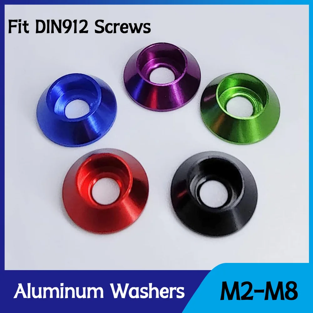 20pcs Conical Aluminum Alloy Washers For DIN912 Screw Bolt M2 M2.5 M3 M4 M5 M6 M8 Anodized Aluminium Spacer Gasket DIY Fasteners