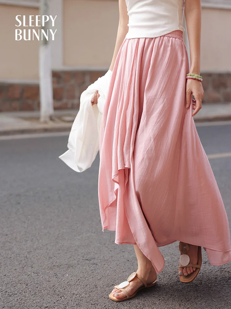 Irregular Patchwork Midi Skirt for Women Summer Loose Flowing High Waist Elastic Waist Skirt Casual Lightweight A-Line Skirt
