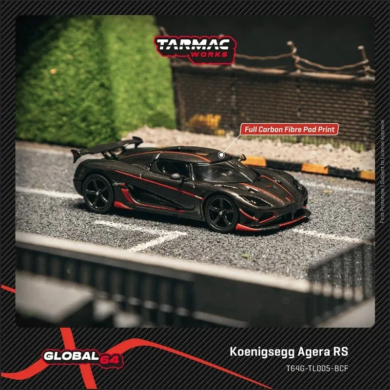 In Stock TW 1:64 Koenigsegg Agera RS Carbon Fiber Red Accents Black Diecast Car Model Collection Toys Tarmac Works