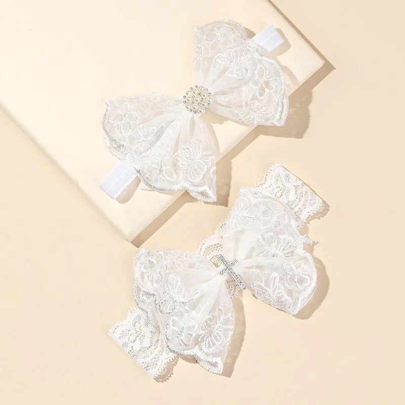 2pcs/set White Lace Crystal Bow Baby Headbands for girl Elastic Baby Accessories Kids headwear Newborn photography prop HB008-2p