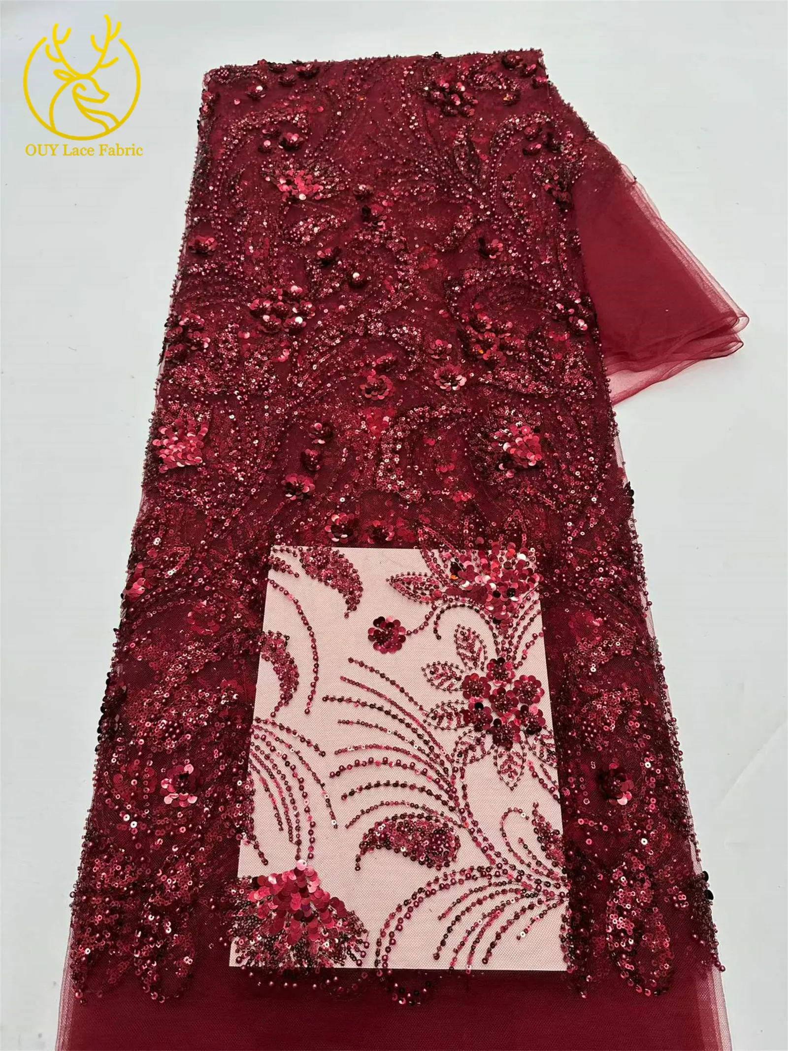 Eleganter 5-Yard-Paillettenstoff mit Kleinen Blumen, Afrikanischer Perlen-Pailletten-Spitzenstoff, Nigerianischer Luxuriöser Pailletten-Netzstoff für Kleider und Näharbeiten – Detail 18