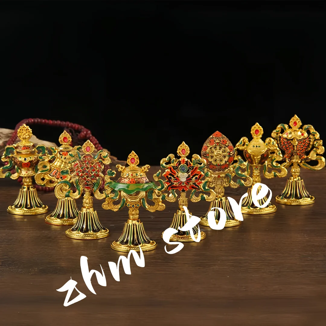 8ชิ้น/เซ็ต8.5ซม.โบราณสีชุบพุทธซัพพลายเออร์ทิเบต Tranic แปดมงคลสัญลักษณ์ใส่ตกแต่ง Instruments