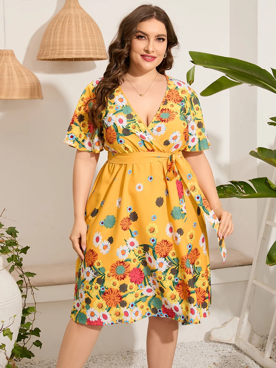 4xl 5xl Plus Size Midi Dress Women 2023 Summer V Neck Short Sleeve Floral  Print Yellow Dress for Women Large Size Beach Dresses - AliExpress 200000345