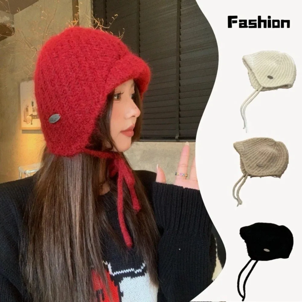 

Sweet Lace-up Knitted Earmuffs Hat Ear Protection Solid Color Ear Protection Hats Cold-proof Knitted Hat Winter