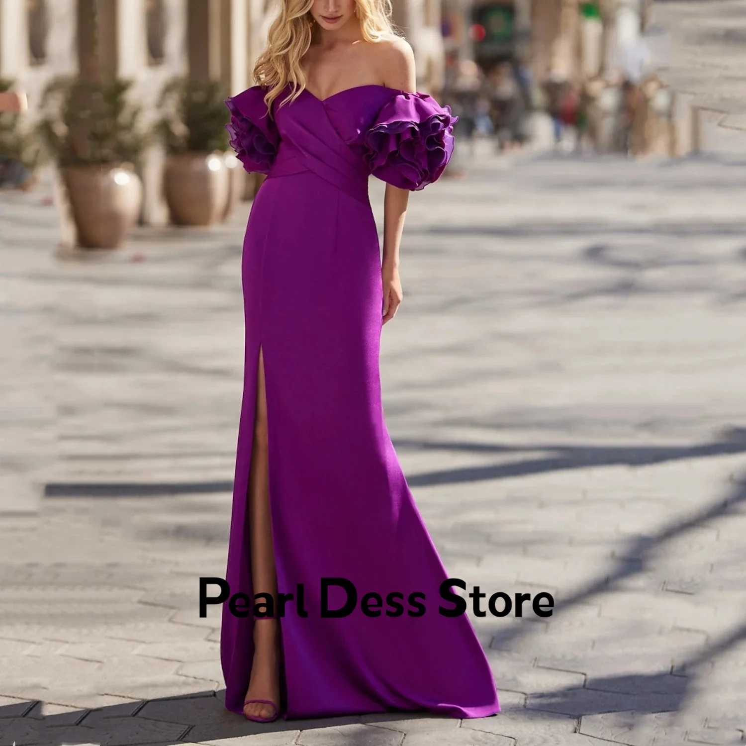 

Adult Dress 2024 Bubble Sleeves Bridesmaid Ball Dress Luxury Purple Satin Evening Dress