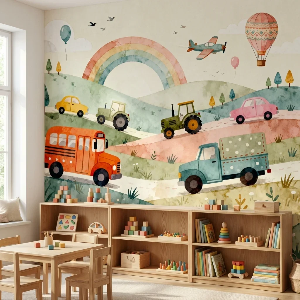 Customized wallpaper, children's watercolor, traffic mural, storybook, vehicle landscape wallpaper, exquisite nursery art mural