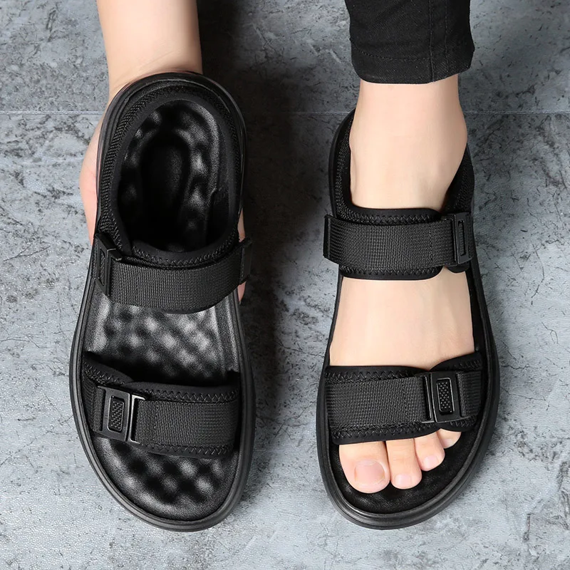 New Summer Shoes Men Sandals Soft Cloth Summer Holiday Mens Beach Sandals Flat Non-slip Male Footwear Black A4520