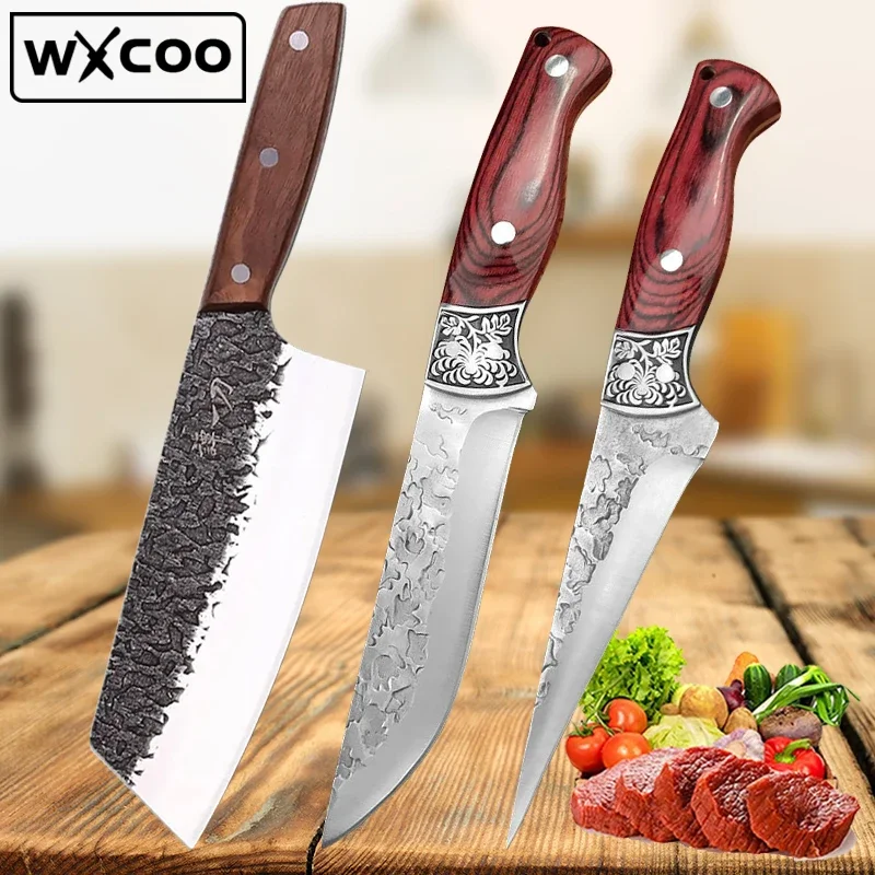 WXCOO Forged Kitchen Chef Knife Set High Carbon Steel Meat Cleaver Boning Knife Professional Butcher Fish Fruit Knife with Cover