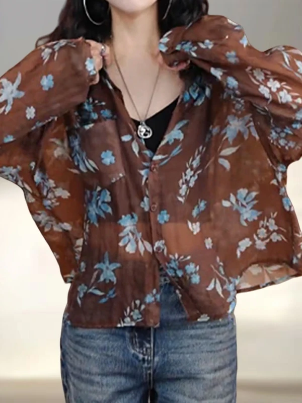 Retro Sle Casual Stampa floreale Lungo Sve Ne irt Donna Primavera Autunno Lazy Faionable Top dall'aspetto giovane