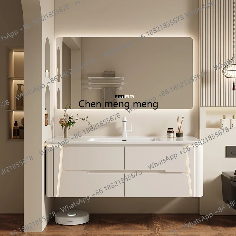 Modern Mirror Bathroom Cabinet Ceramic Integrated Basin Wash Cabinet Combined Intelligent Sensor Light Badschrank Furniture