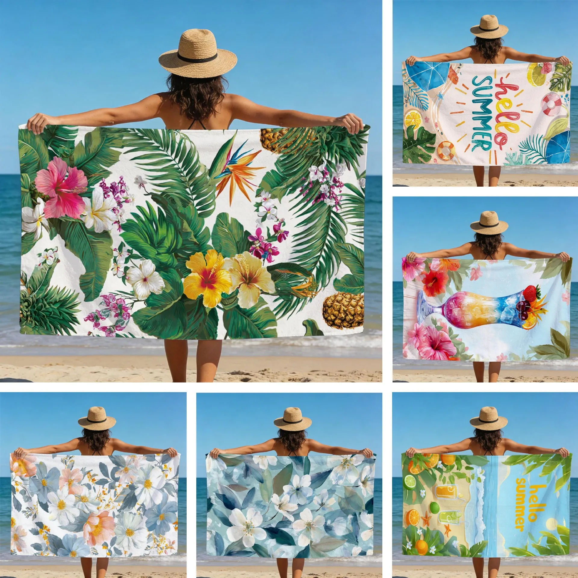 Summer Floral Large Beach Towel Quick Dry Absorbent Microfiber Yoga Mat Sandproof Outdoor Sunbath Towels for Beach Travel Pool
