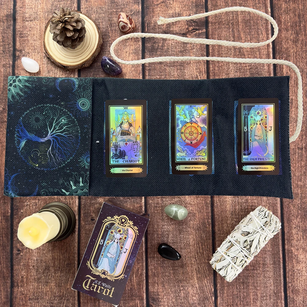 Galaxy Blue Tree of Life Tarot-Karten-Aufbewahrungstasche, Tarot-Tischdecke für Wahrsagerei, Sonne, Mond, Sternenhimmel, Wickeltasche, Aufbewahrungstasche