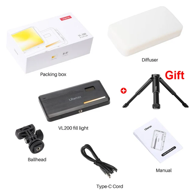 Ulanzi VL200 2500K-9000K Led Camera Licht Met Statief Telefoon Houder 360 ° Balhoofd Dimbare Led video Licht Met Zachte Diffuser