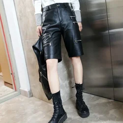 Vintage Black Matte Leather Shorts Women Gothic Four Zip PU Hot Pants Ladies High Waist Punk Loose Shorts Clubwear Custom Summer