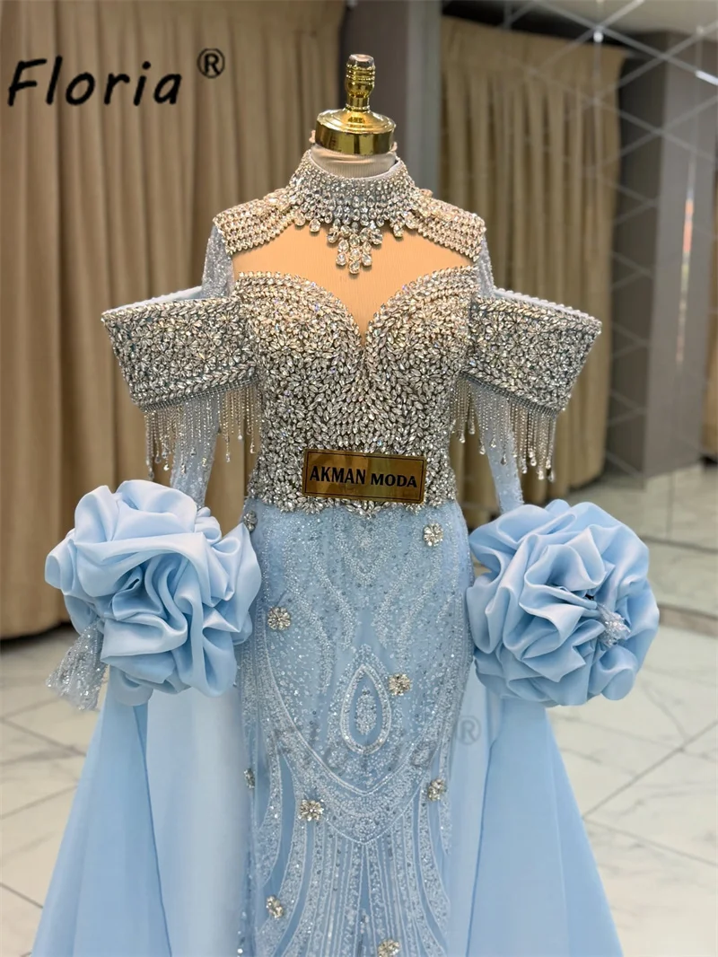 Luxury Sky Blue Mermaid Prom Gown High Neck Illusion Bodice Heavy Rhinestone Tassel Sleeves 3D Handmade Flower Detachable Train