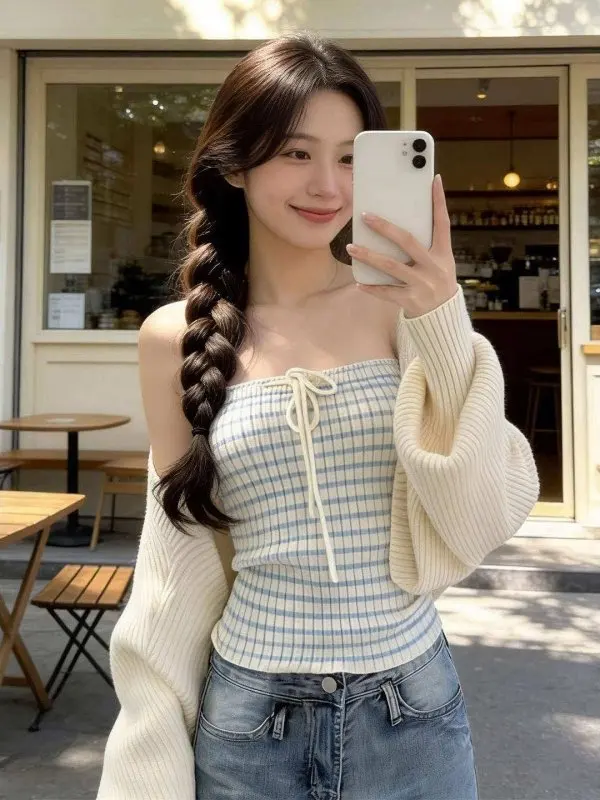 

Korean Style Striped Tube Top Knitted Cardigan Two-Piece Set Women's Early Spring Slimming Top Set Fashionable Casual Wear