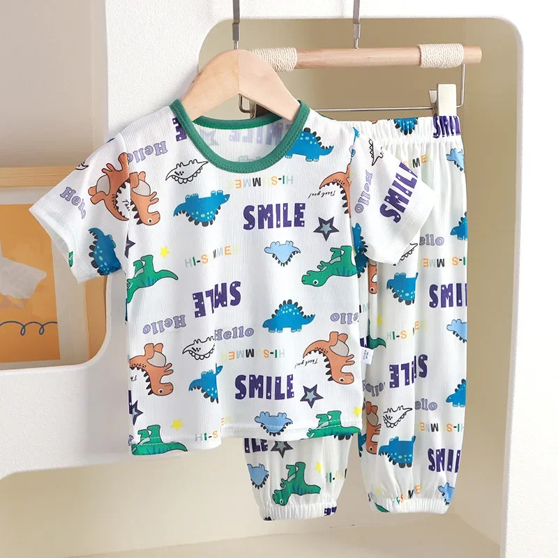 

New 2024 Boys Girls Cute Cartoon Short Sleeve T-Shirt Tops + Pants Kids Summer Thin Clothing Sets Baby Casual Pajamas Loungewear