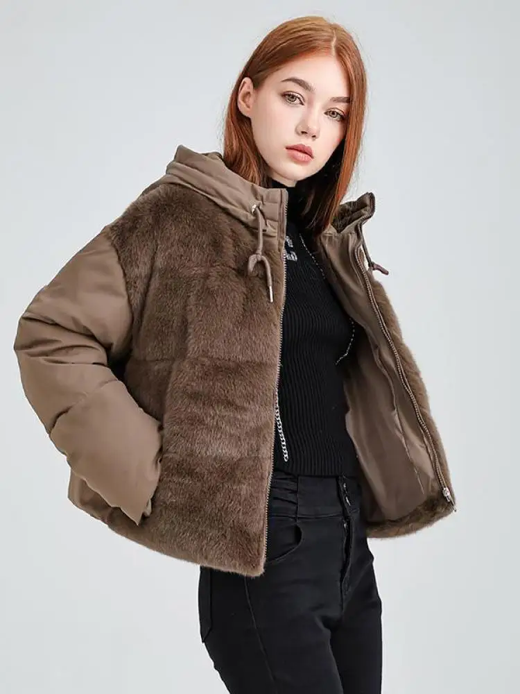 Korean Women Solid Patchwork Imitation Velvet Long Sleeves Hooded Zipper Cotton Jacket Winter Holiday Thick Short Coat Clothing