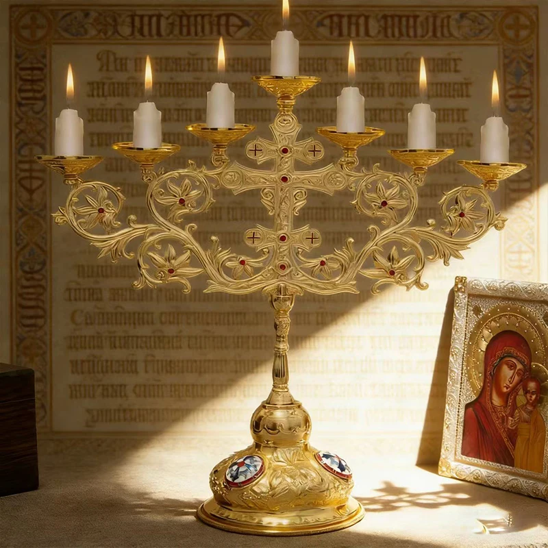 Neuer 2026 Eleganter Vergoldeter Orthodoxer Siebenarmiger Kerzenleuchter mit Roten Akzenten für Gottesdienste und Heimische Andachtsräume – Detail 9