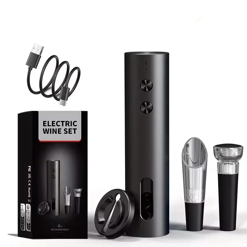 Abridor de Vinho Elétrico Recarregável com Cortador de Papel Alumínio, Dosador de Vinho e Tampa a Vácuo, Carregamento USB-C, Design Compacto para Cozinha Doméstica