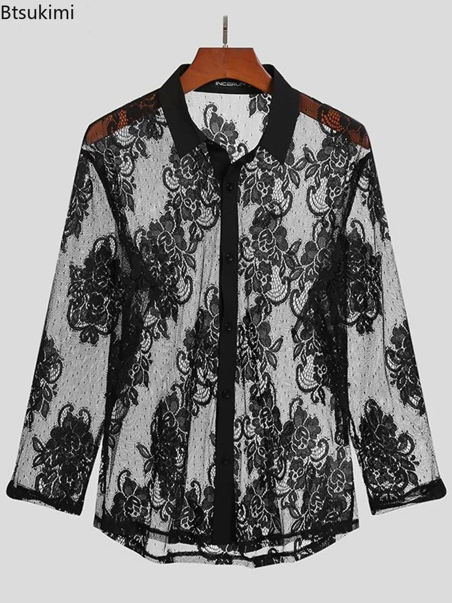 2026 New Men's Breathable Lace Long Sleeve Shirts Sexy Mesh Transparent Party Shirt Spring Fall Streetwear Vintage Casual Shirts