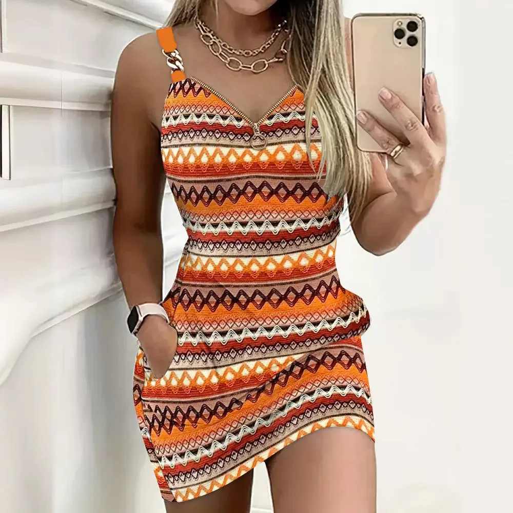 

Chevron Print Chain Decor Pocket Design Casual Dress Women Summer Mini Sexy Dress Sleeveless Fashion Casual