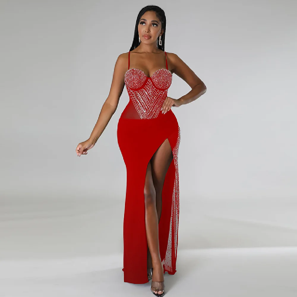 Sexy Damenkleid mit Hosenträgern, mit Diamanten besetztem Netz, unregelmäßigem Rock, Brustkissen, beliebtes Kleid, Bankettkleid