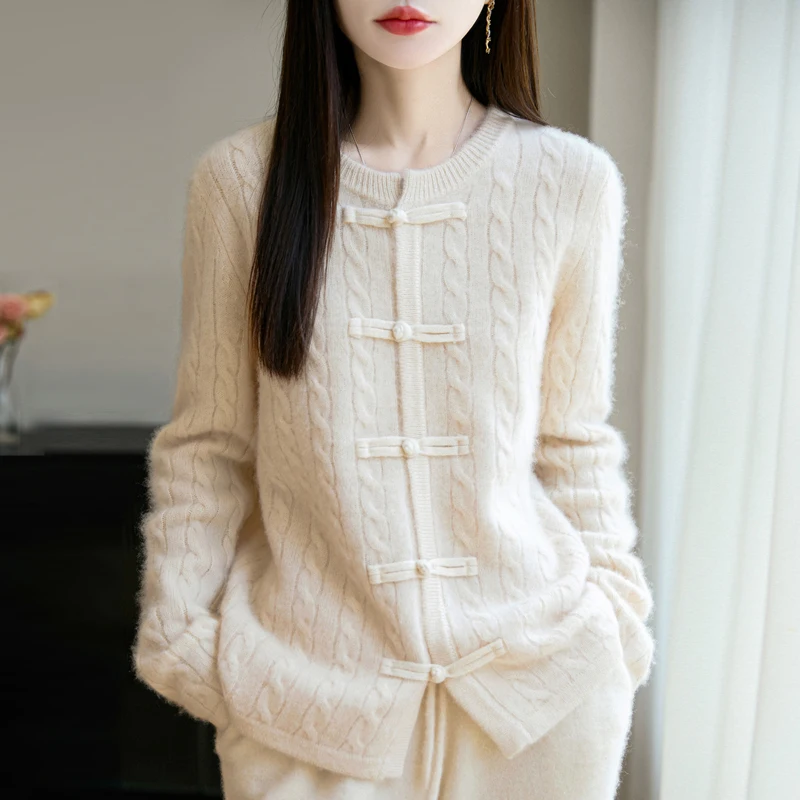 

TLOML Новый женский кардиган с круглым вырезом из 100% мериносовой шерсти на толстых пуговицах, кашемировый свитер в китайском стиле, осень-зима, мягкие вязаные топы