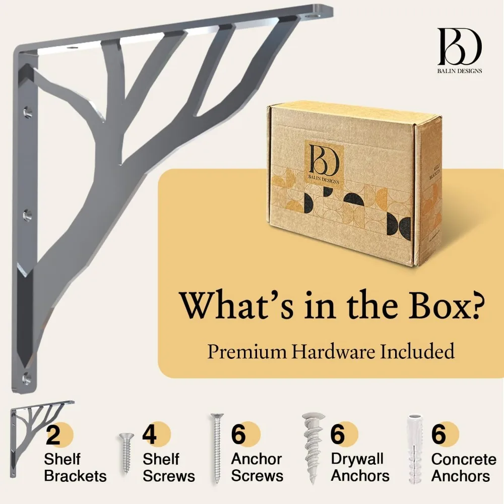 دعامات أرفف عائمة معدنية فضية مقاس 12 بوصة على شكل شجرة ريفية شديدة التحمل، دعامات على شكل حرف L من الحديد المزخرف لديكور المنزل