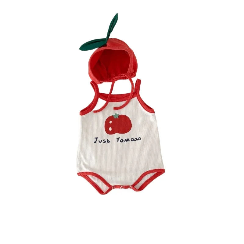 2026 New Baby Tomato Print Sleeveless Romper with Hat Set Newborn Infant Summer Cotton Sling Bodysuit Outfit for 0-1 Unisex