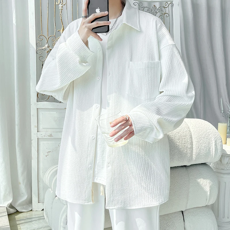 

Мужская премиальная белая рубашка с длинным рукавом, повседневная, с вертикальными полосками, рабочая одежда, модная, свободного кроя, молодежная, с пуговицами