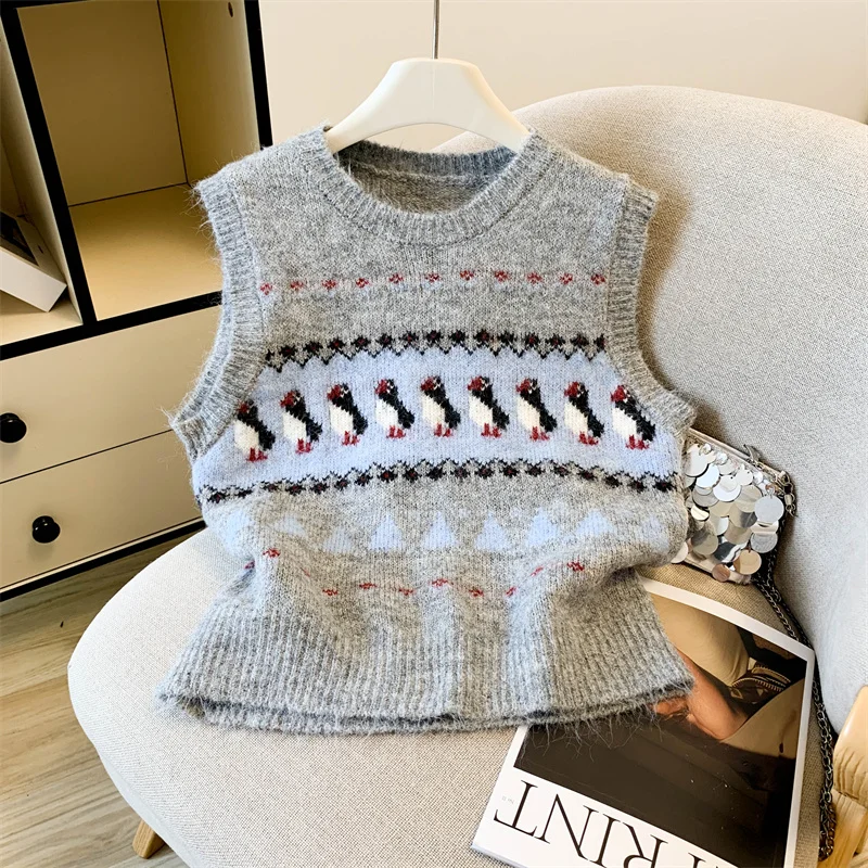 

Вязаный свитер с пингвином в стиле ретро, жилет, свободный ленивый женский пуловер, трикотаж, осень-зима, Новое поступление, повседневная мода