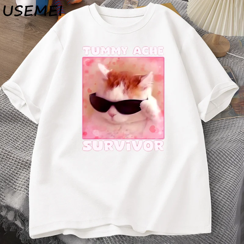 Tummy Ache Survivor Funny Cat Meme T-shirt Men Women Silly Stupid Cat Tee Shirt Men\'s Short Sleeve T Shirts Cotton Oversized Top