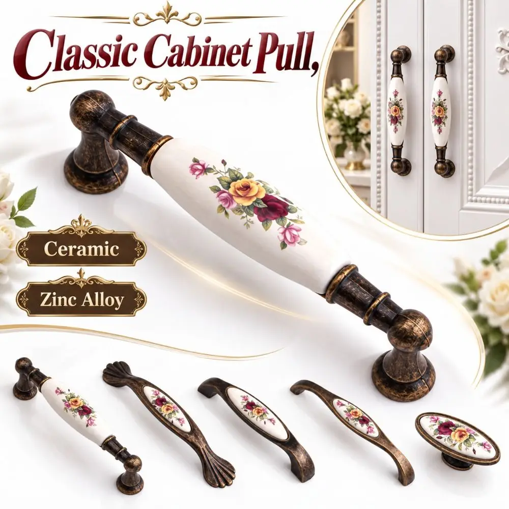 Zinc Alloy Ceramic Cabinet Pull Multiple Sizes Floral Pattern Antique Bronze Drawer Handle Durable Smooth Vintage Furniture Knob