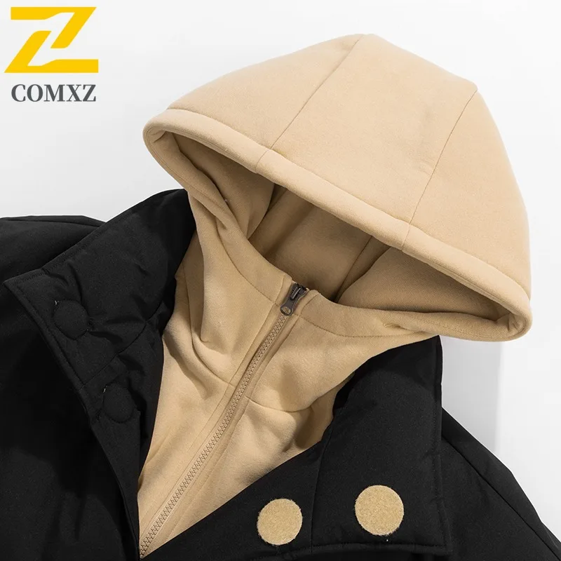 COMXZ 2025 Winter Fashion Loose Fit Color Block High Neck Hooded Cotton Jacket Windproof Warm Unisex Couple tactics windbreaker