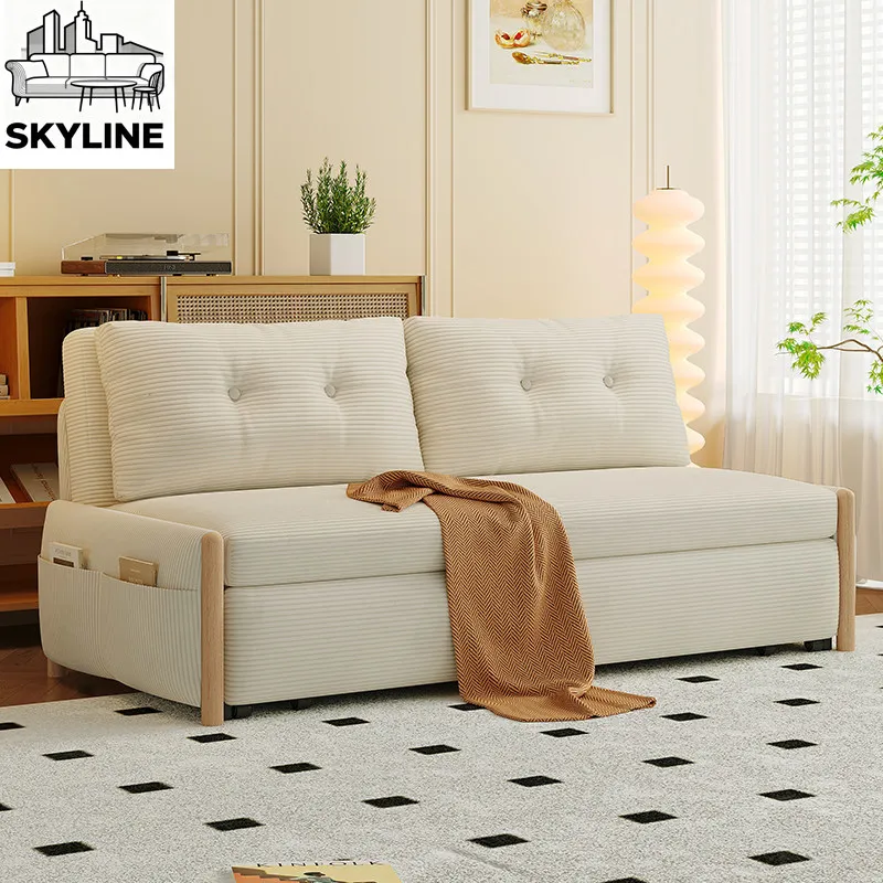 Solidwood sofa bed foldable dual-purpose small apartment living room multi-functional single double balcony telescopic push-pull